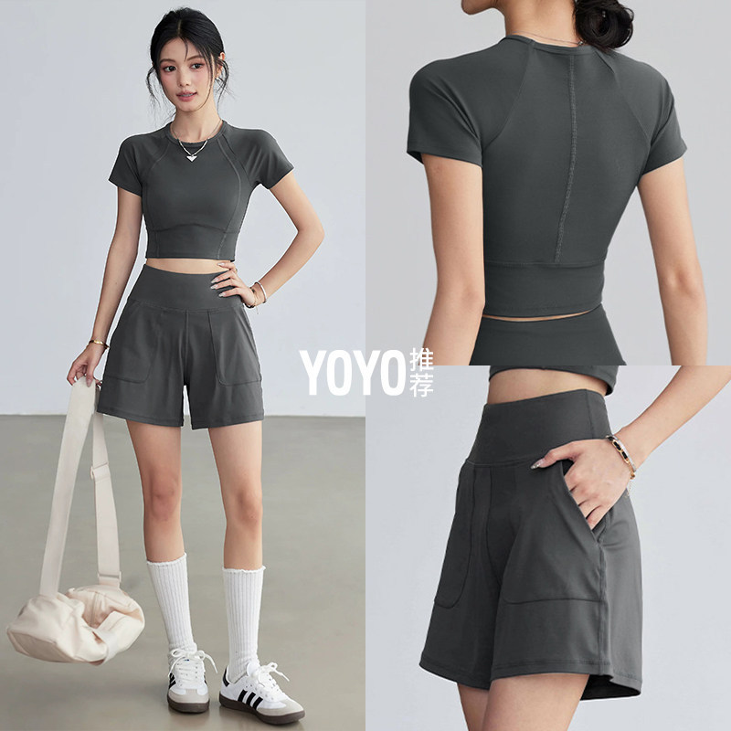 Running Gear Quick Dry - ชุดวิ่งผู้หญิง เสื้อโยคะแขนสั้น กางเกงขาสั้นเอวสูง แห้งเร็ว ชุดออกกำลังกาย 2