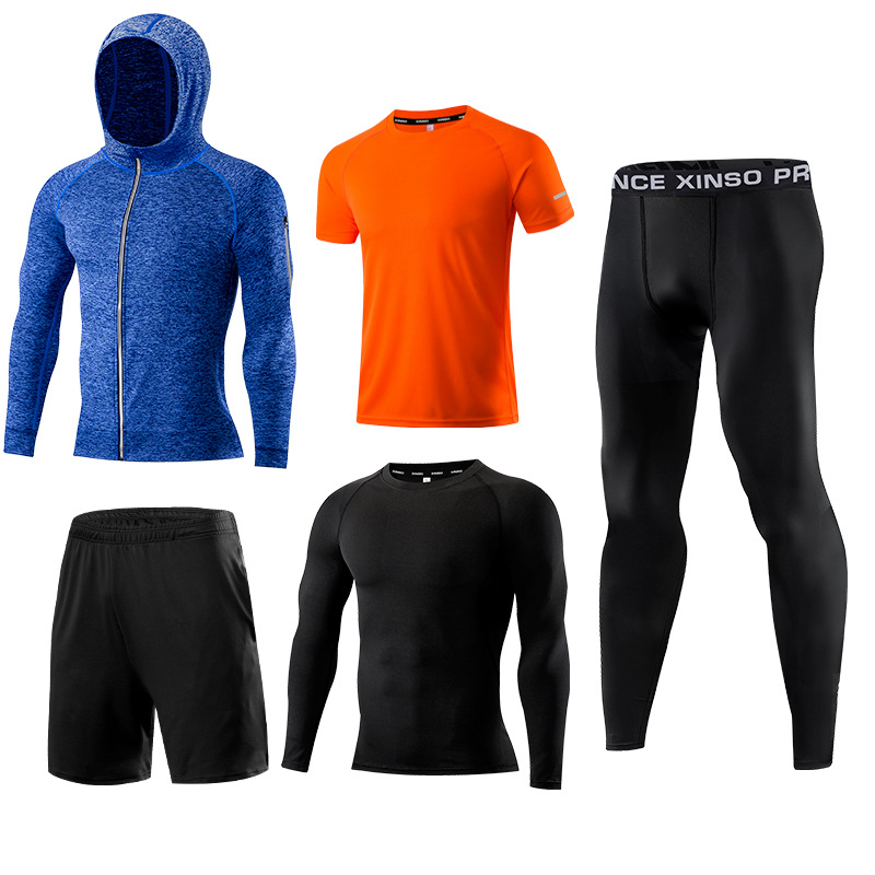 Running Gear Quick Dry - ชุดออกกำลังกายผู้ชาย 5 ชิ้น ชุดกีฬาแห้งเร็วสำหรับวิ่ง บาสเก็ตบอล ฝึกซ้อม