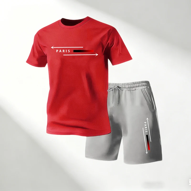 Running Gear Quick Dry - เสื้อยืดแขนสั้นผู้ชาย กางเกงขาสั้น ชุดสองชิ้น ชุดกีฬาฤดูร้อน แห้งเร็ว ชุดลำลองสำหรับวิ่งและออกกำลังกาย