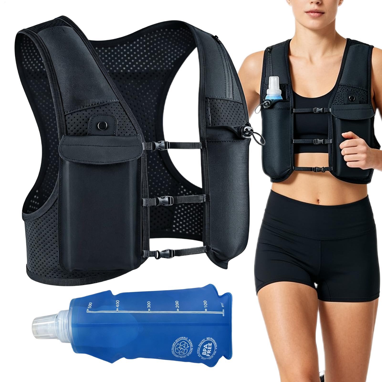Running Gear Reflective - เสื้อกั๊กวิ่งสะท้อนแสงพร้อมกระเป๋าใส่น้ำแบบสะพายหลัง ความจุ 500 มล. ขวดน้ำแบบนิ่มสำหรับปั่นจักรยาน กระเป๋าเป้สะพายหลังสำหรับผู้ชาย