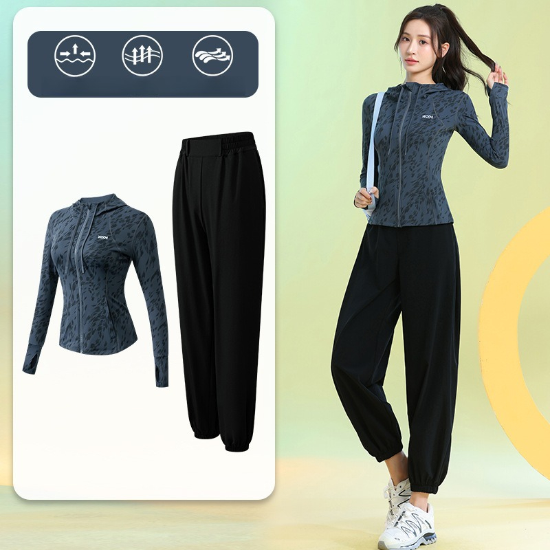 Running Gear Quick Dry - ชุดวิ่งผู้หญิงแขนยาวลายดอกไม้ ซิปฮู้ดดี้ กางเกงจ็อกเกอร์ แห้งเร็ว 2 ชิ้น